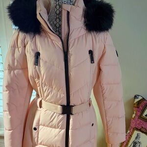Michael Kors Light Pink Puffer Jacket with Black Faux Fur
